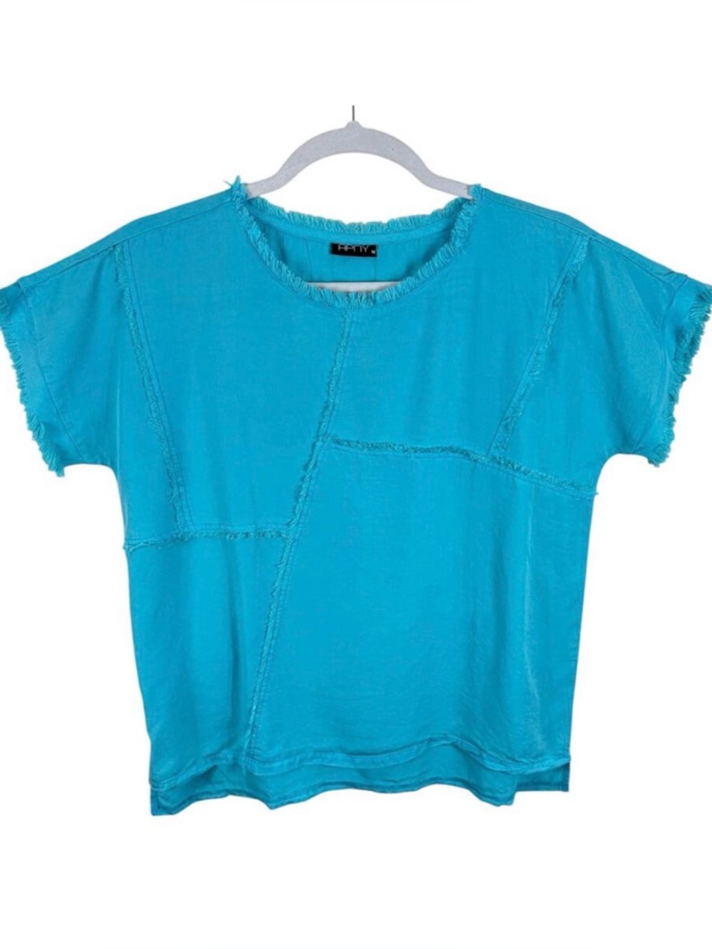 APNY 100% Tencel Blue Bright Light Oversized Fringe Short Sleeve Blouse Size‎ M